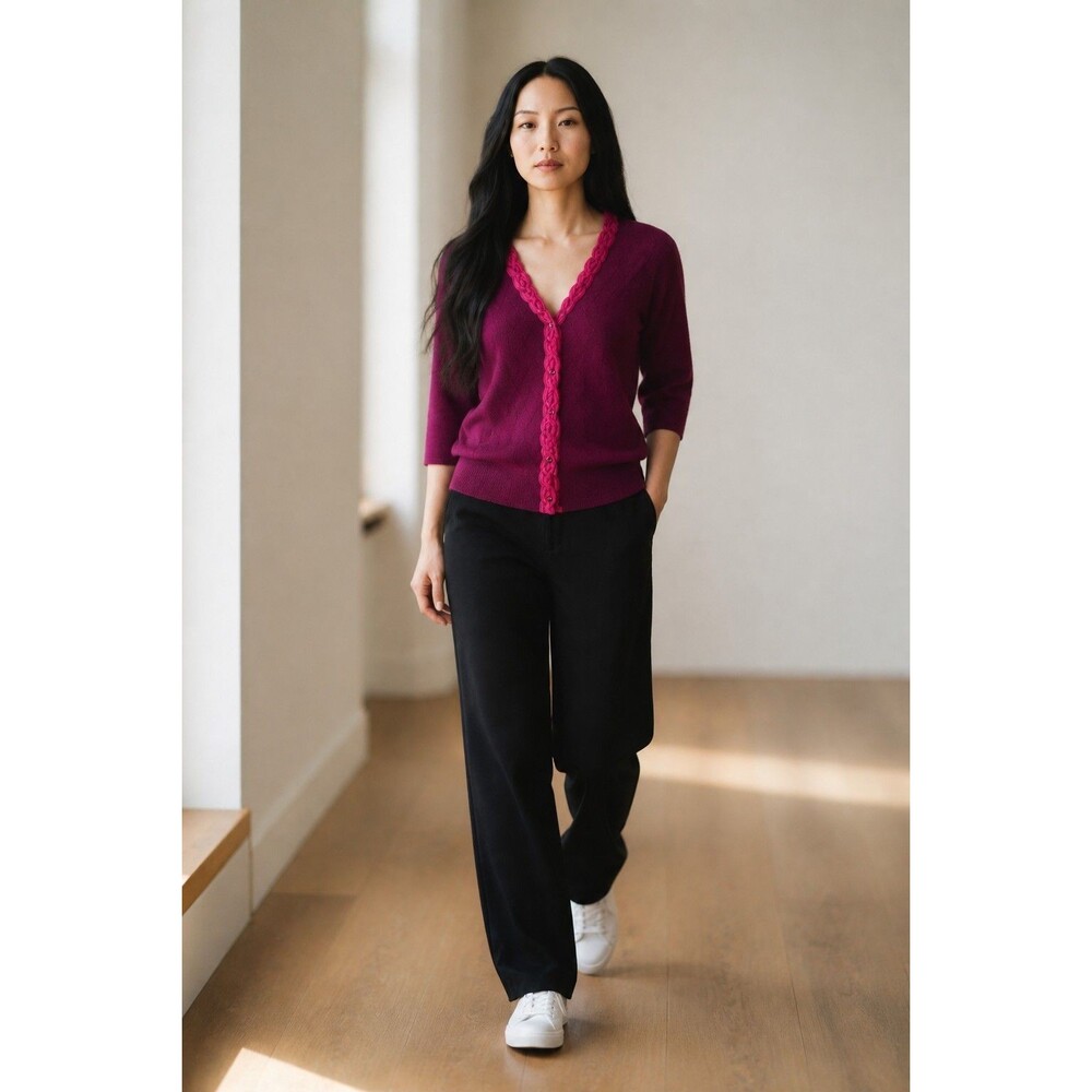 Future Cardigan Purple with Pink Lace V Neck Women's Size S